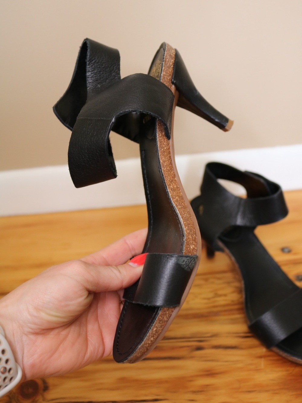 Vince Camuto Black Leather Strappy Kitten-Heel Sandals - Picture 3 of 7